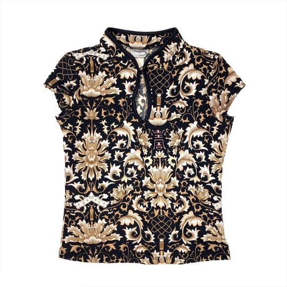 Vintage 90s Y2K Black Brown Asian Top Cheongsam - Picture 2 of 7